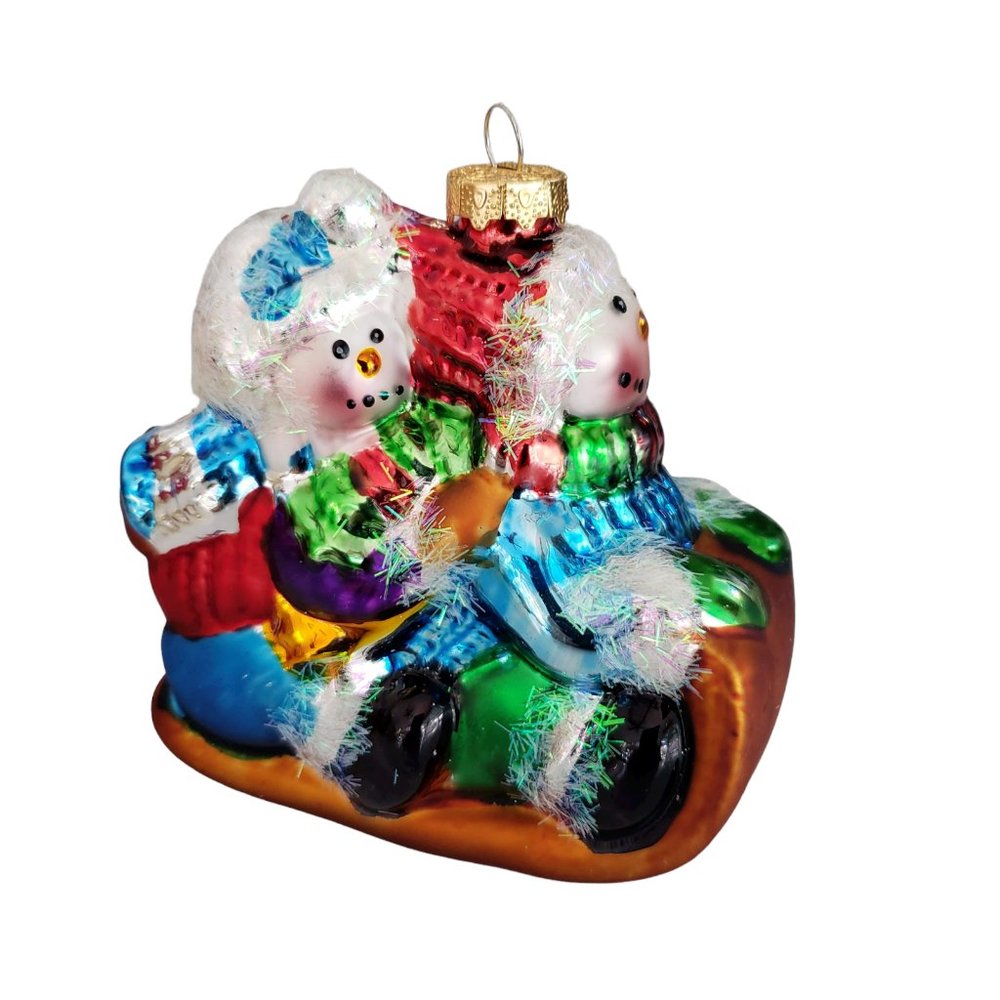 VTG Fitz and Floyd Sleigh Glass Ornament Snowmen with gifts.  Collectible W Box